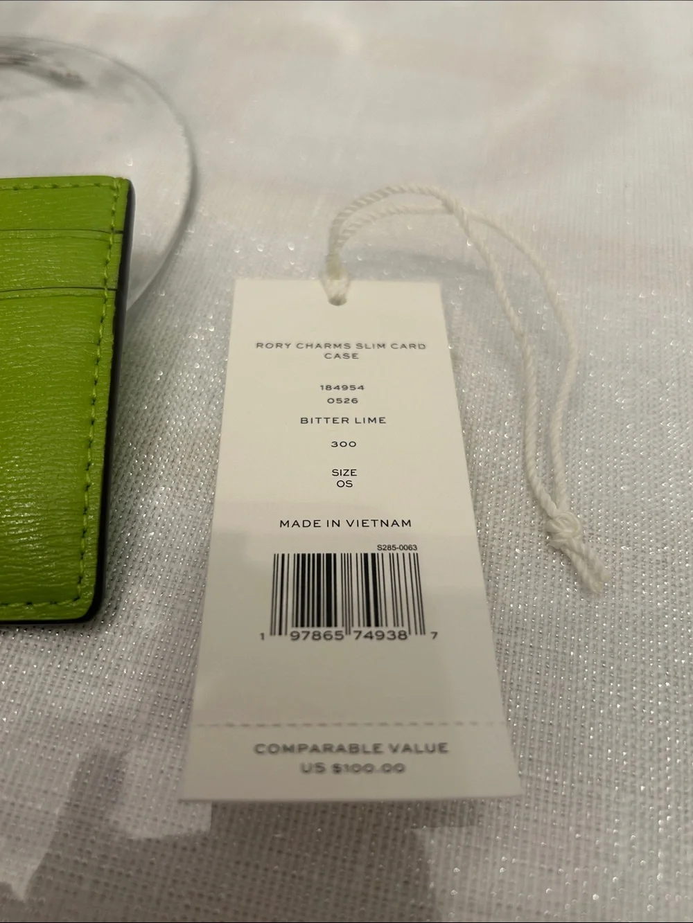 Tory Burch Bright Lime Green Leather Card Holder with charm Rory BNWT